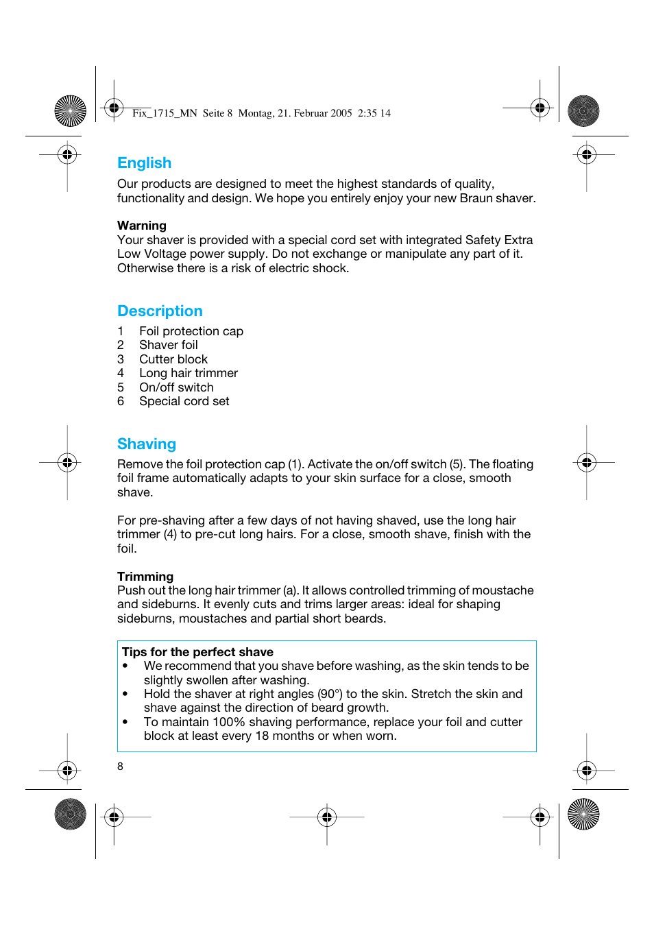 English, Description, Shaving | Braun 1715 Series 1 User Manual | Page 7 / 41