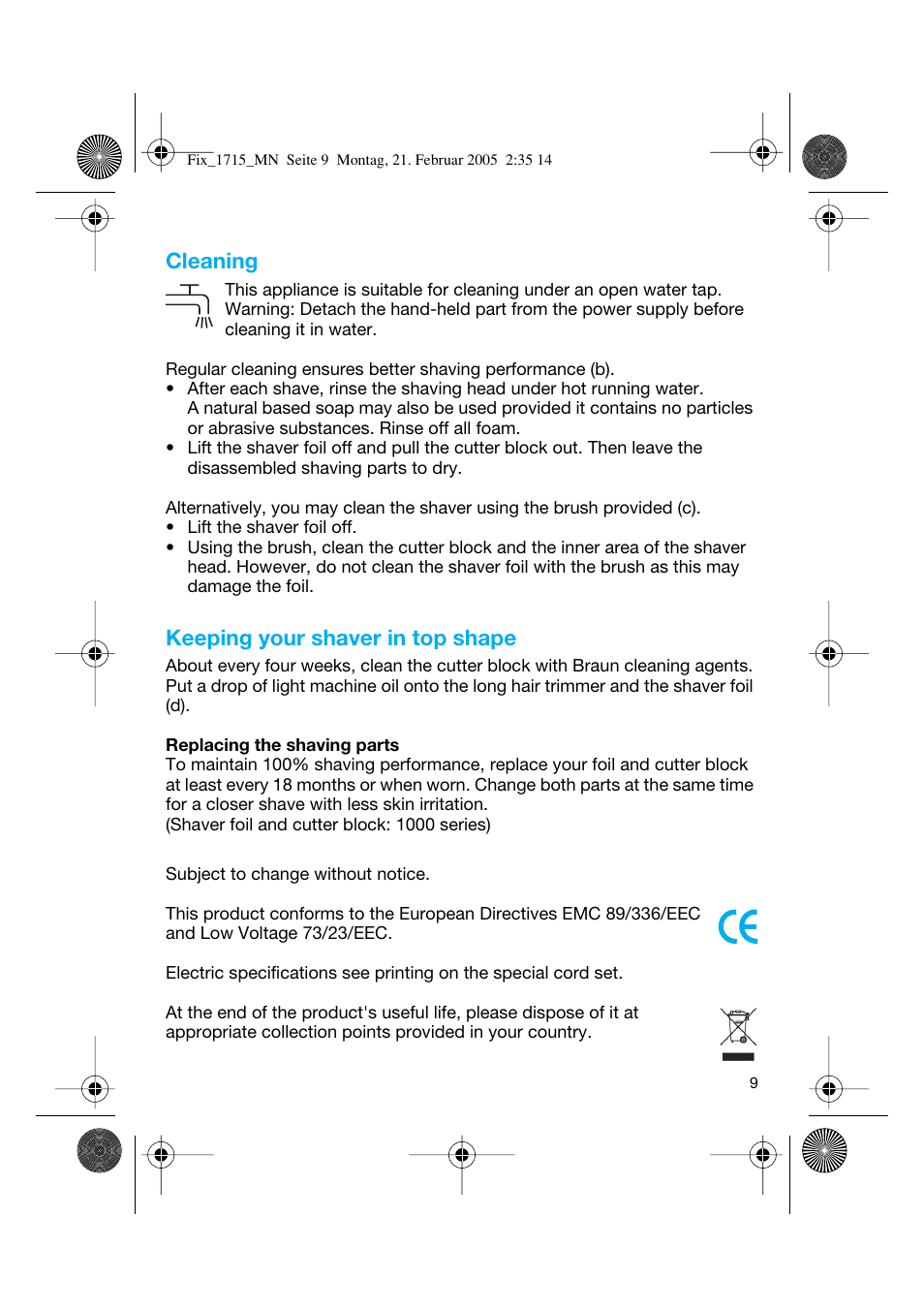 Cleaning, Keeping your shaver in top shape | Braun 1715 Series 1 User Manual | Page 8 / 41