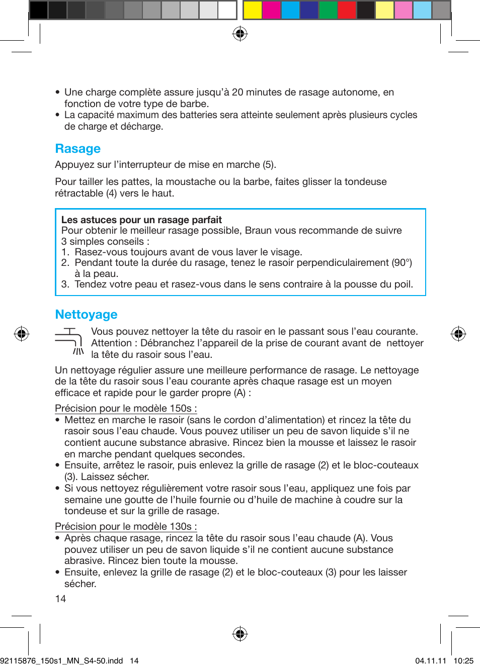 Rasage, Nettoyage | Braun 130s-1 User Manual | Page 14 / 47