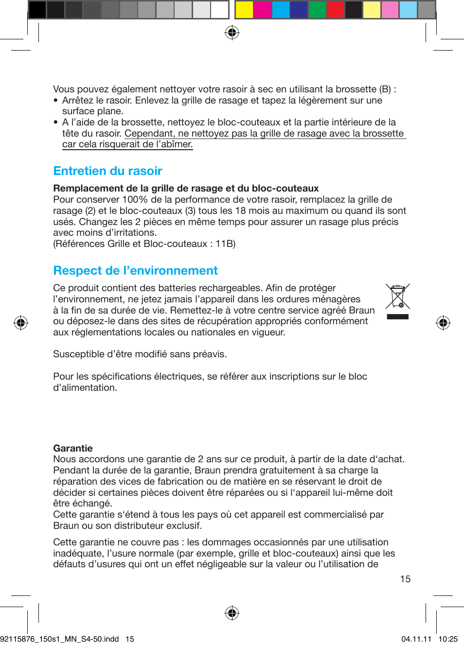 Entretien du rasoir, Respect de l’environnement | Braun 130s-1 User Manual | Page 15 / 47