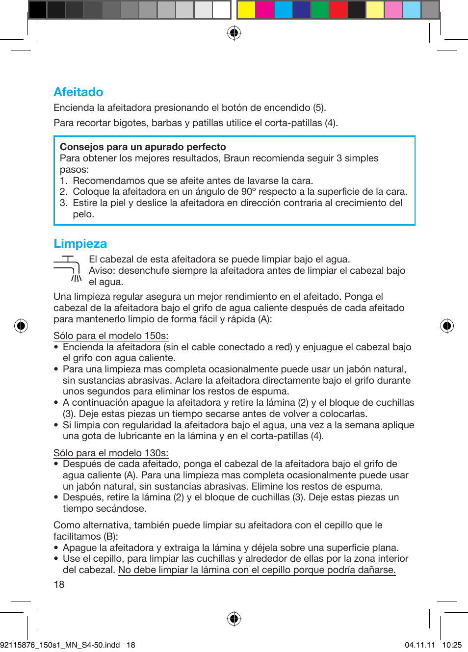 Afeitado, Limpieza | Braun 130s-1 User Manual | Page 18 / 47