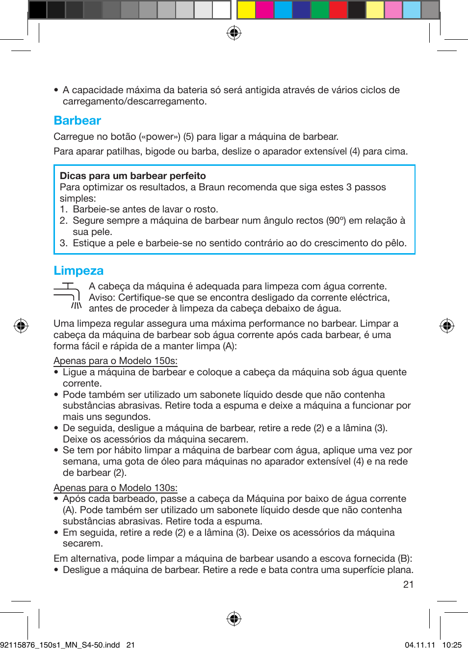 Barbear, Limpeza | Braun 130s-1 User Manual | Page 21 / 47
