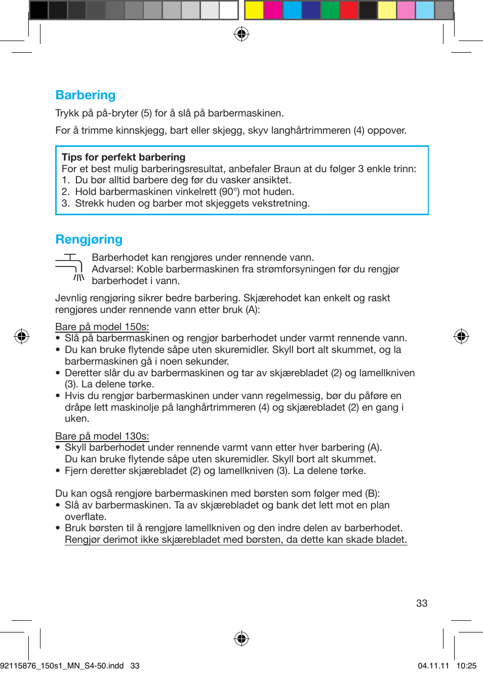 Barbering, Rengjøring | Braun 130s-1 User Manual | Page 33 / 47