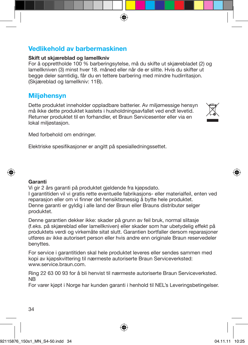 Vedlikehold av barbermaskinen, Miljøhensyn | Braun 130s-1 User Manual | Page 34 / 47