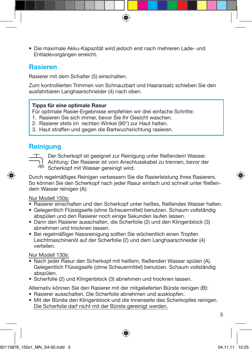 Rasieren, Reinigung | Braun 130s-1 User Manual | Page 5 / 47