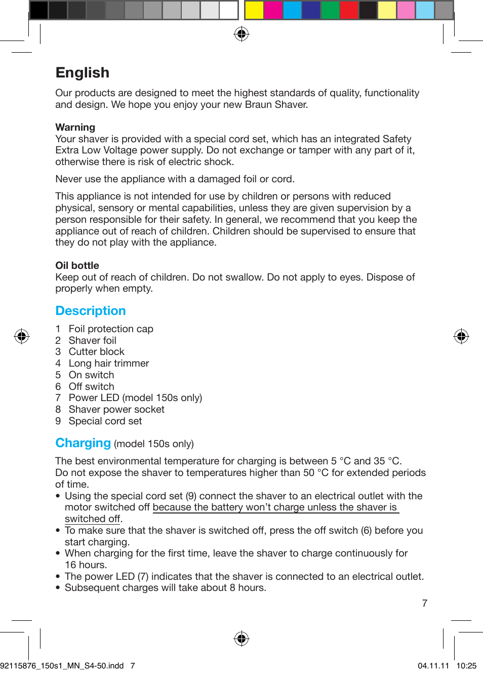 English, Description, Charging | Braun 130s-1 User Manual | Page 7 / 47