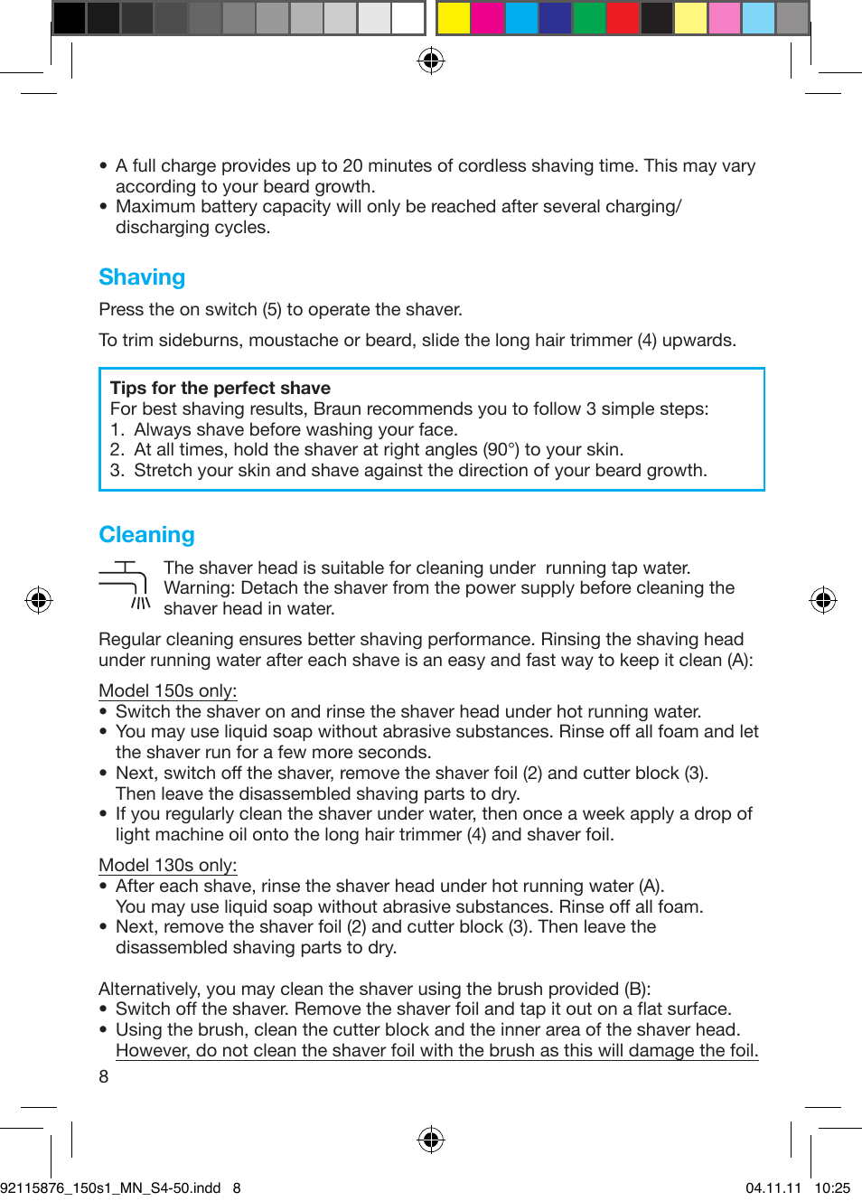 Shaving, Cleaning | Braun 130s-1 User Manual | Page 8 / 47