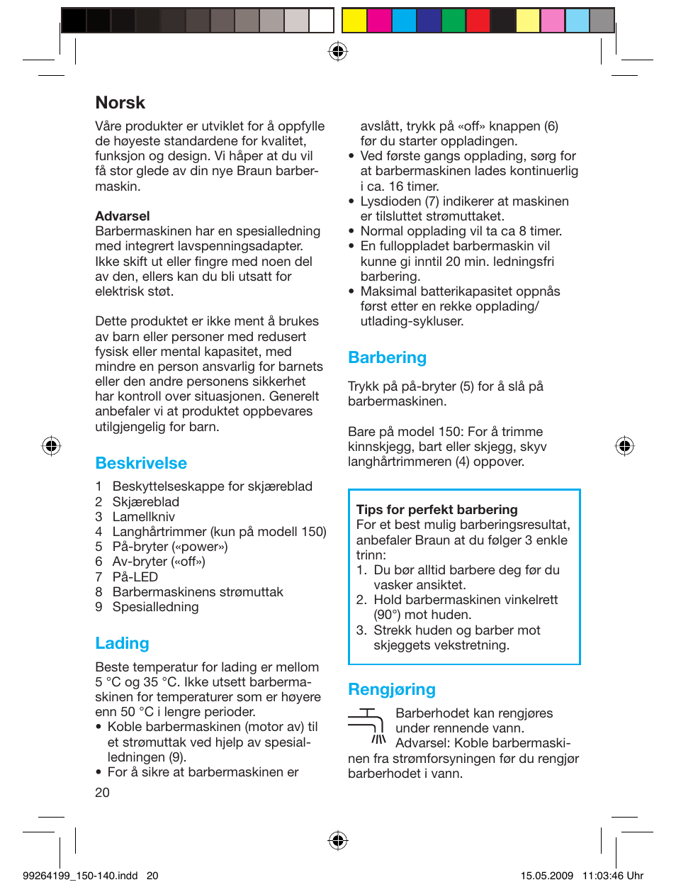 Norsk, Beskrivelse, Lading | Barbering, Rengjøring | Braun 140-5685 Series 1 User Manual | Page 20 / 36
