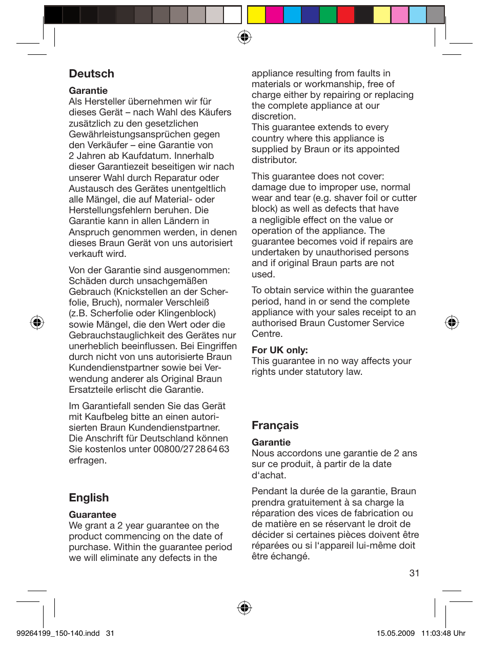 Deutsch, English, Français | Braun 140-5685 Series 1 User Manual | Page 31 / 36