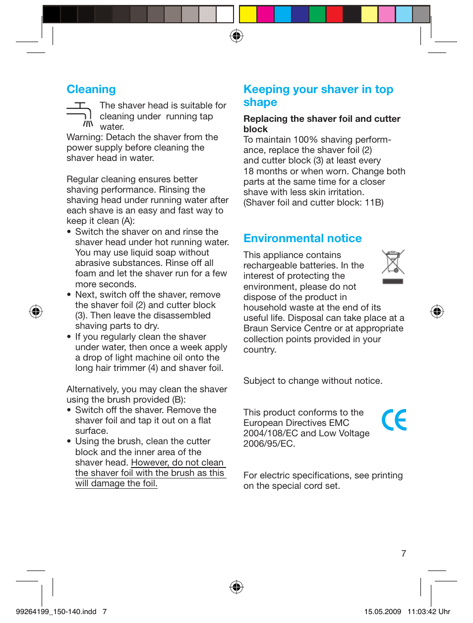 Cleaning, Keeping your shaver in top shape, Environmental notice | Braun 140-5685 Series 1 User Manual | Page 7 / 36