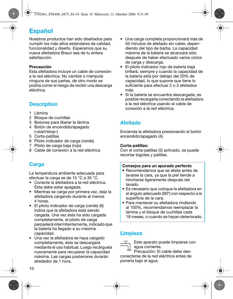 Español, Description, Carga | Afeitado, Limpieza | Braun 4875 SmartControl3  EN User Manual | Page 10 / 33