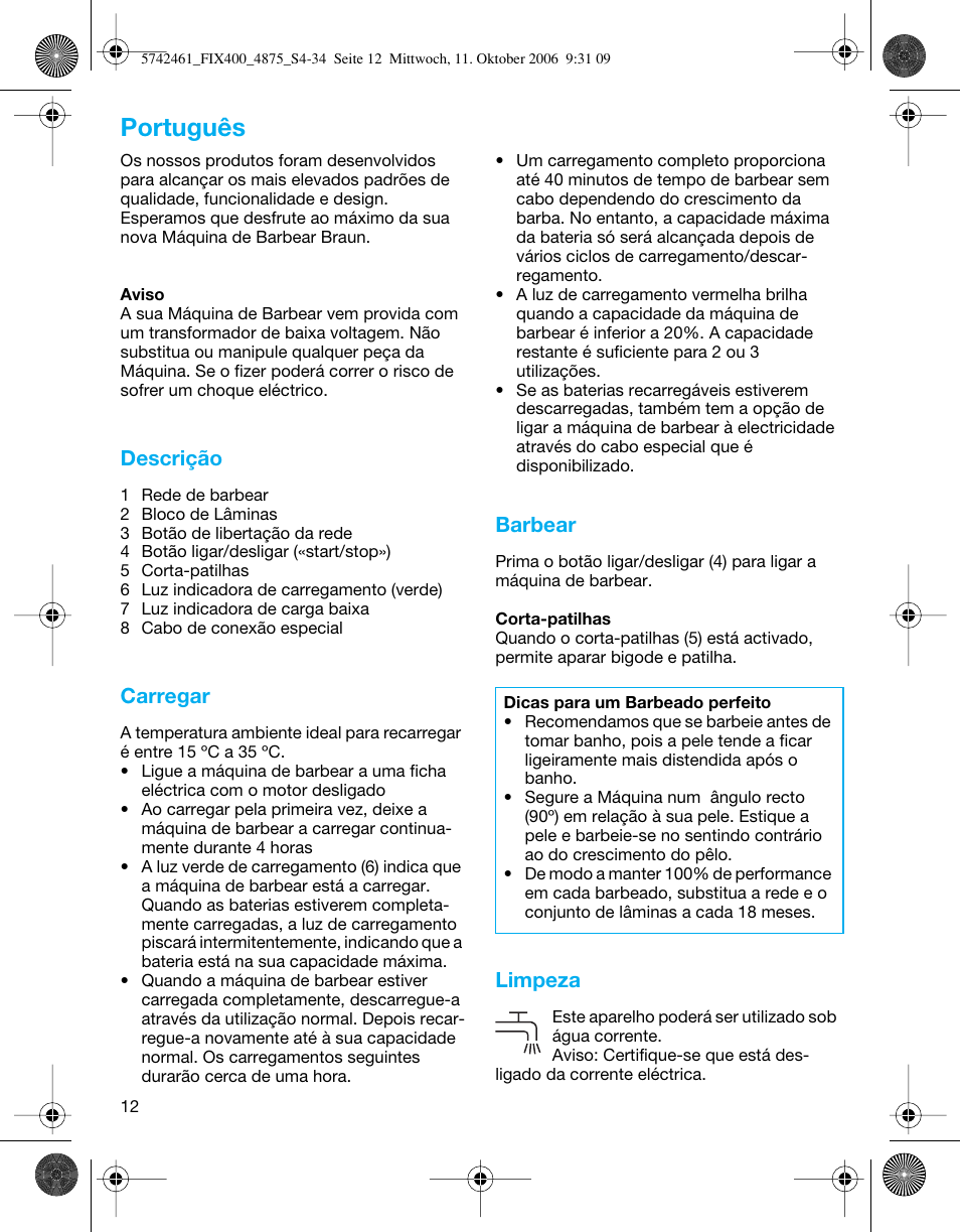 Português, Descrição, Carregar | Barbear, Limpeza | Braun 4875 SmartControl3  EN User Manual | Page 12 / 33