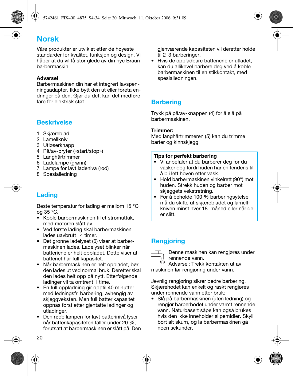 Norsk, Beskrivelse, Lading | Barbering, Rengjøring | Braun 4875 SmartControl3  EN User Manual | Page 20 / 33