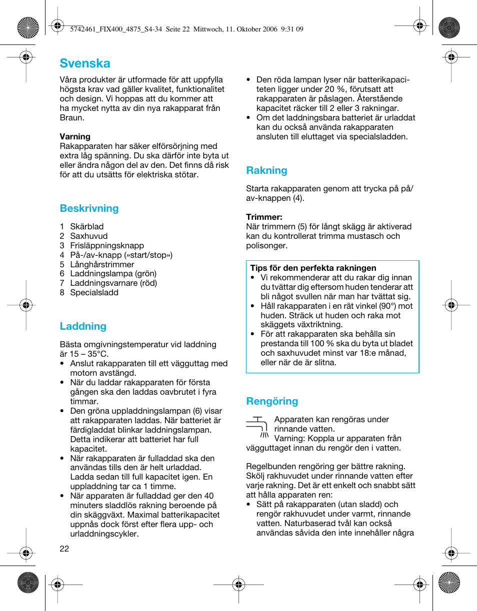 Svenska, Beskrivning, Laddning | Rakning, Rengöring | Braun 4875 SmartControl3  EN User Manual | Page 22 / 33