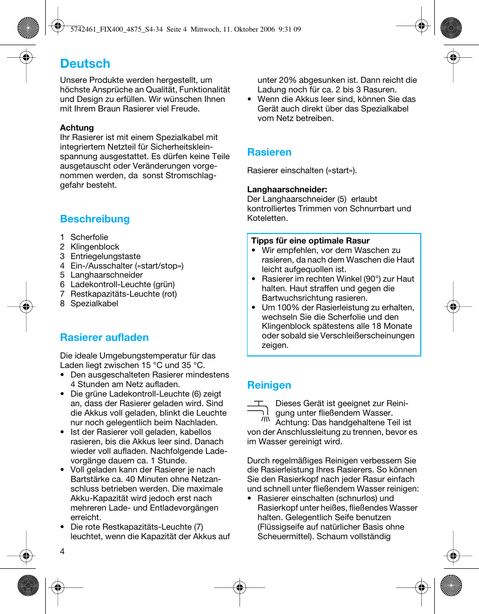 Deutsch, Beschreibung, Rasierer aufladen | Rasieren, Reinigen | Braun 4875 SmartControl3  EN User Manual | Page 4 / 33