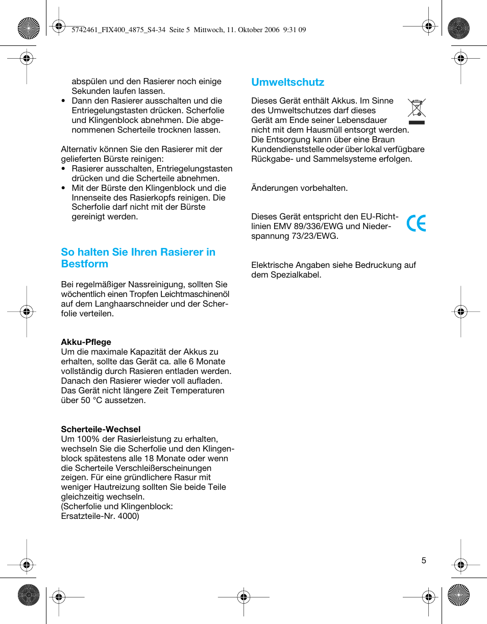 So halten sie ihren rasierer in bestform, Umweltschutz | Braun 4875 SmartControl3  EN User Manual | Page 5 / 33