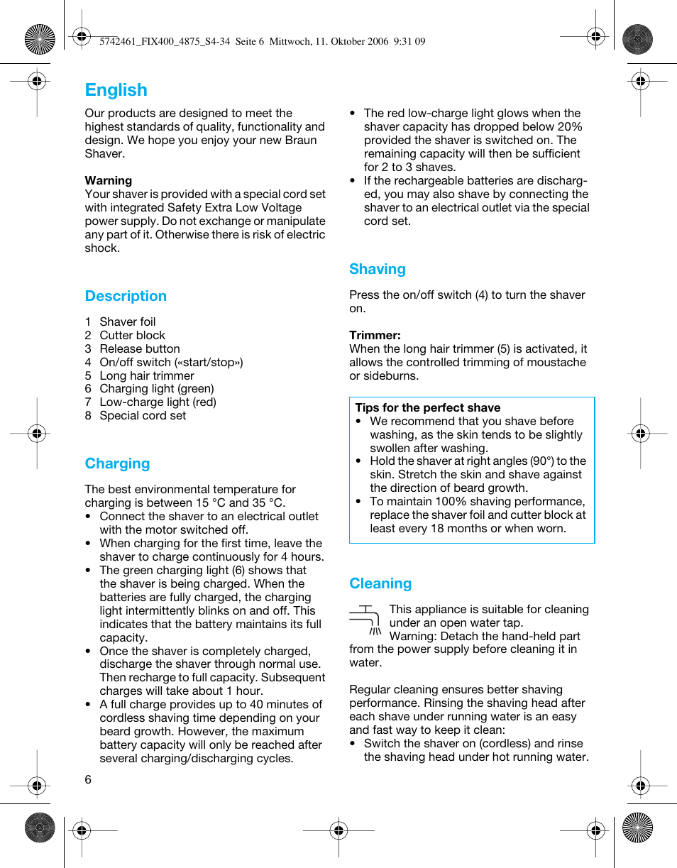 English, Description, Charging | Shaving, Cleaning | Braun 4875 SmartControl3  EN User Manual | Page 6 / 33