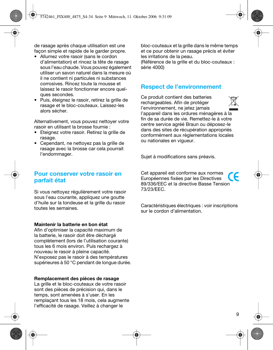 Pour conserver votre rasoir en parfait état, Respect de l’environnement | Braun 4875 SmartControl3  EN User Manual | Page 9 / 33