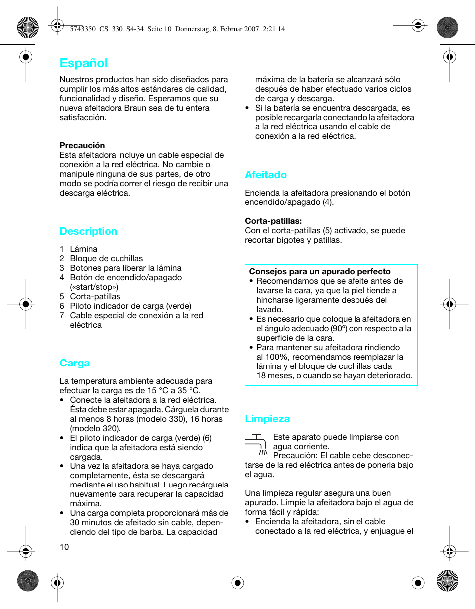 Español, Description, Carga | Afeitado, Limpieza | Braun 330-5743 Series 3 User Manual | Page 10 / 33