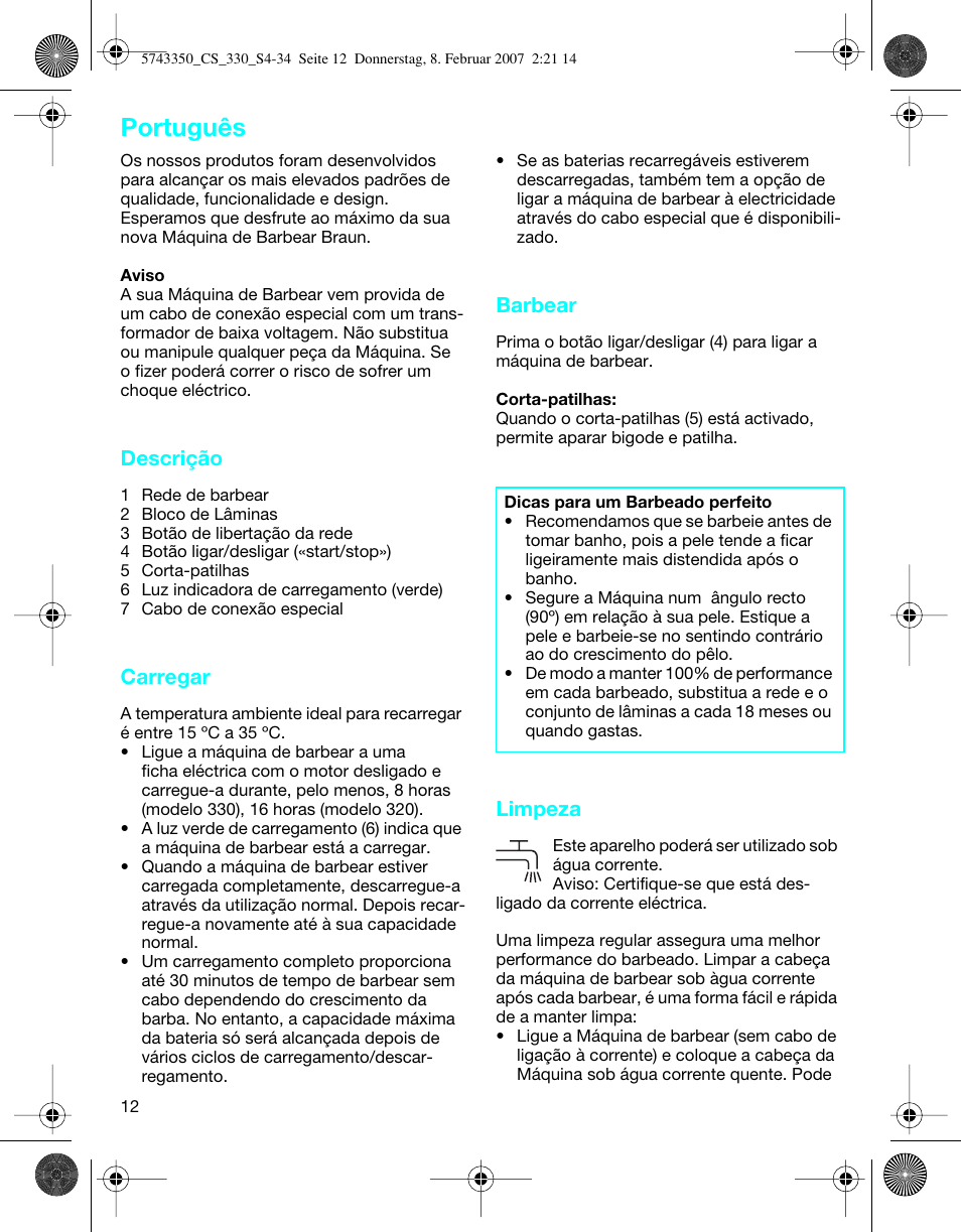 Português, Descrição, Carregar | Barbear, Limpeza | Braun 330-5743 Series 3 User Manual | Page 12 / 33