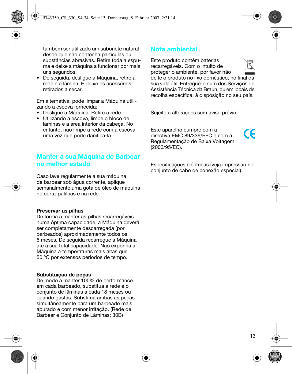 Manter a sua máquina de barbear no melhor estado, Nota ambiental | Braun 330-5743 Series 3 User Manual | Page 13 / 33