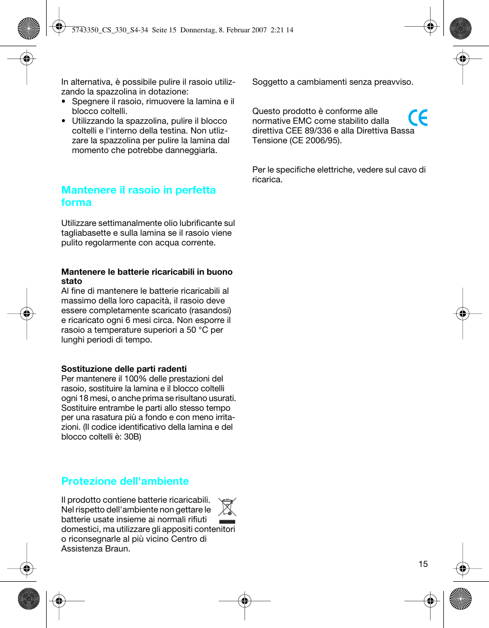 Mantenere il rasoio in perfetta forma, Protezione dell'ambiente | Braun 330-5743 Series 3 User Manual | Page 15 / 33