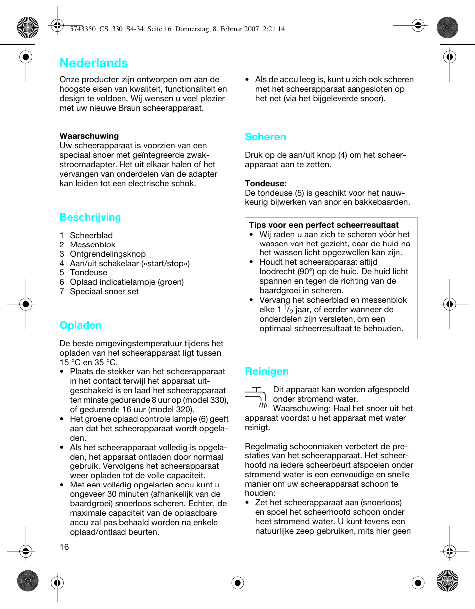 Nederlands, Beschrijving, Opladen | Scheren, Reinigen | Braun 330-5743 Series 3 User Manual | Page 16 / 33