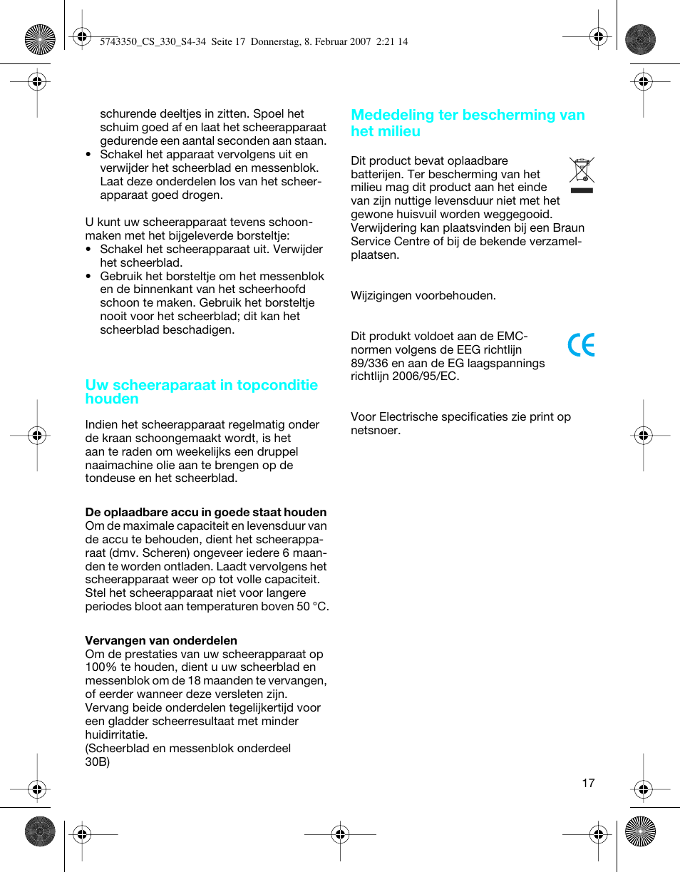 Uw scheeraparaat in topconditie houden, Mededeling ter bescherming van het milieu | Braun 330-5743 Series 3 User Manual | Page 17 / 33