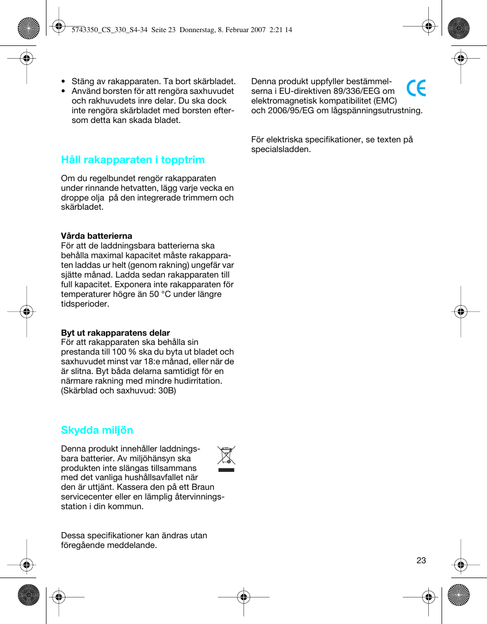 Håll rakapparaten i topptrim, Skydda miljön | Braun 330-5743 Series 3 User Manual | Page 23 / 33