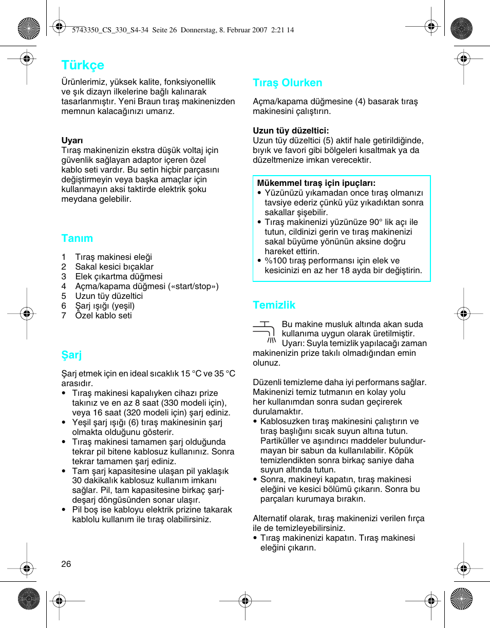 Türkçe, Tanım, Ωarj | Tıraµ olurken, Temizlik | Braun 330-5743 Series 3 User Manual | Page 26 / 33