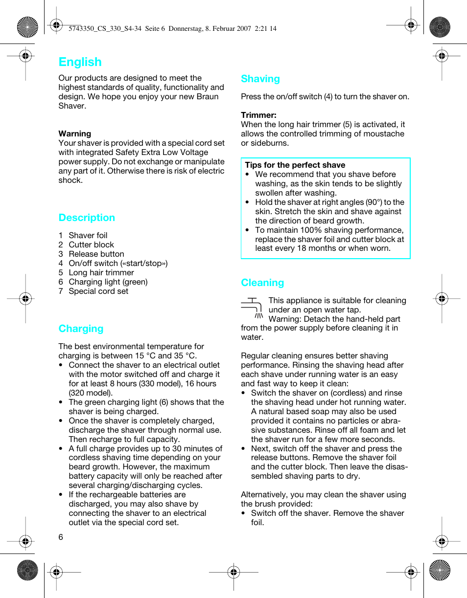 English, Description, Charging | Shaving, Cleaning | Braun 330-5743 Series 3 User Manual | Page 6 / 33