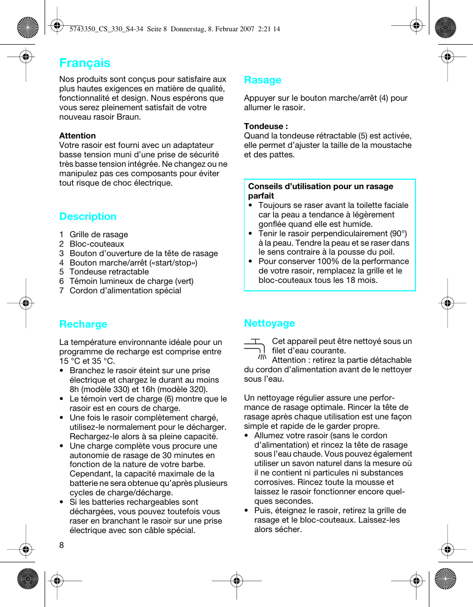 Français, Description, Recharge | Rasage, Nettoyage | Braun 330-5743 Series 3 User Manual | Page 8 / 33