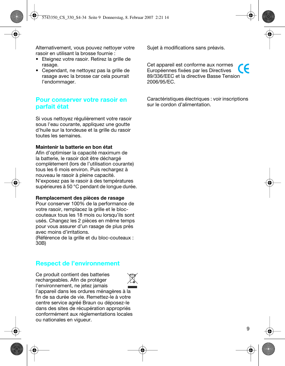 Pour conserver votre rasoir en parfait état, Respect de l’environnement | Braun 330-5743 Series 3 User Manual | Page 9 / 33