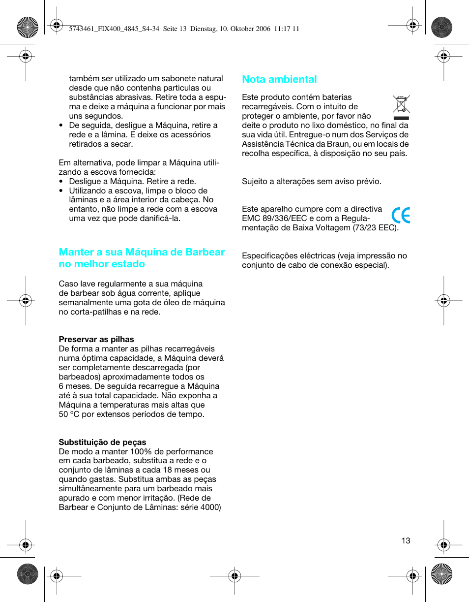 Manter a sua máquina de barbear no melhor estado, Nota ambiental | Braun 4845 SmartControl3 User Manual | Page 13 / 33