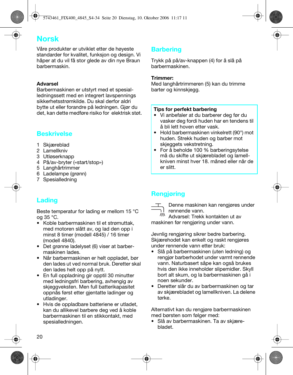 Norsk, Beskrivelse, Lading | Barbering, Rengjøring | Braun 4845 SmartControl3 User Manual | Page 20 / 33