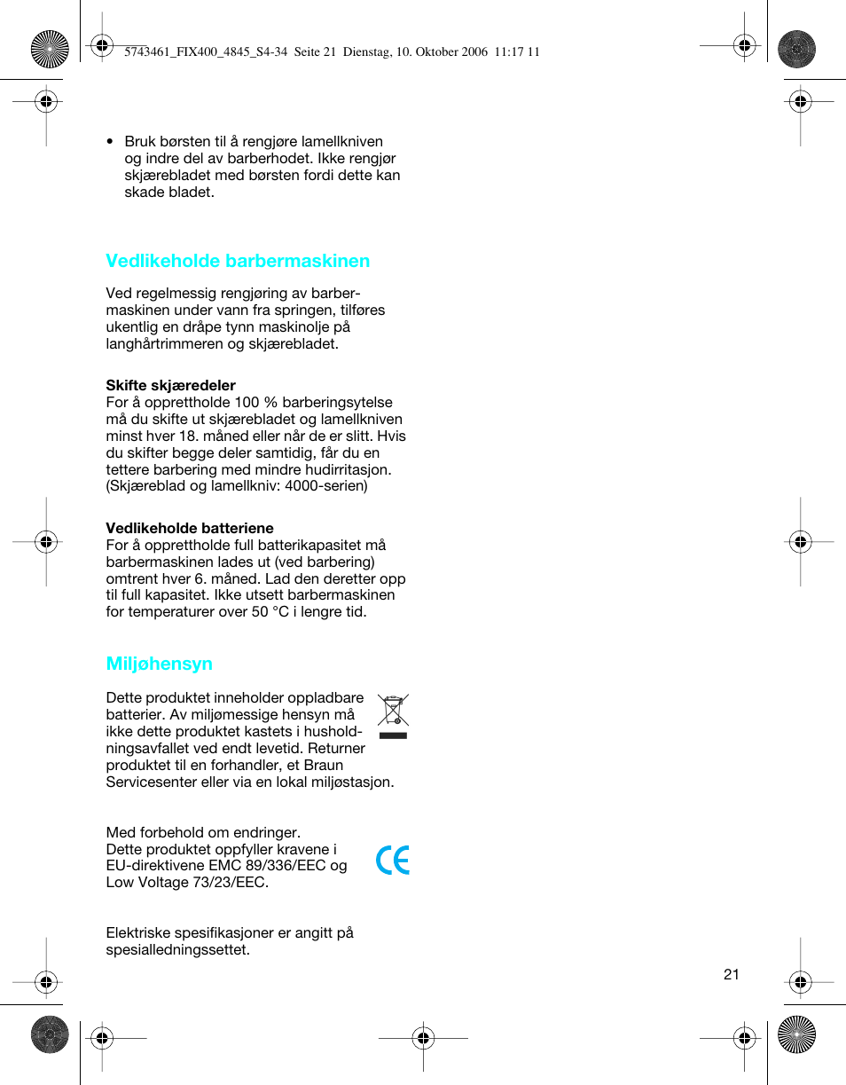 Vedlikeholde barbermaskinen, Miljøhensyn | Braun 4845 SmartControl3 User Manual | Page 21 / 33