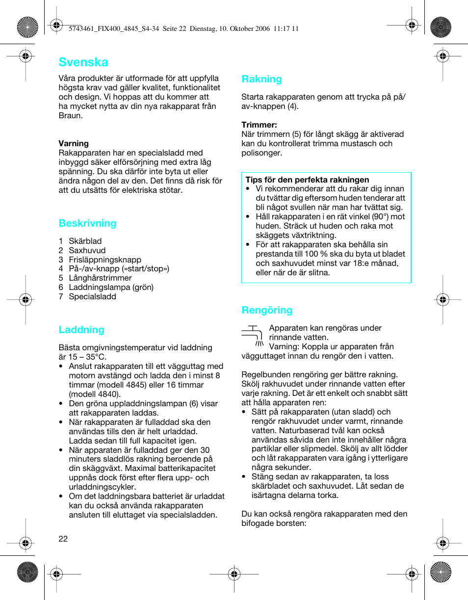 Svenska, Beskrivning, Laddning | Rakning, Rengöring | Braun 4845 SmartControl3 User Manual | Page 22 / 33