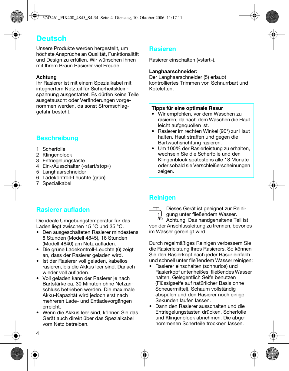 Deutsch, Beschreibung, Rasierer aufladen | Rasieren, Reinigen | Braun 4845 SmartControl3 User Manual | Page 4 / 33