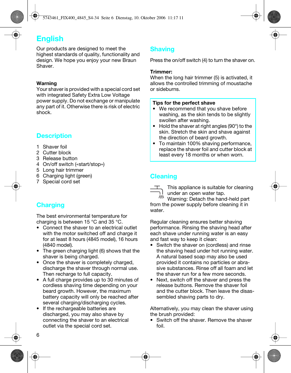 English, Description, Charging | Shaving, Cleaning | Braun 4845 SmartControl3 User Manual | Page 6 / 33