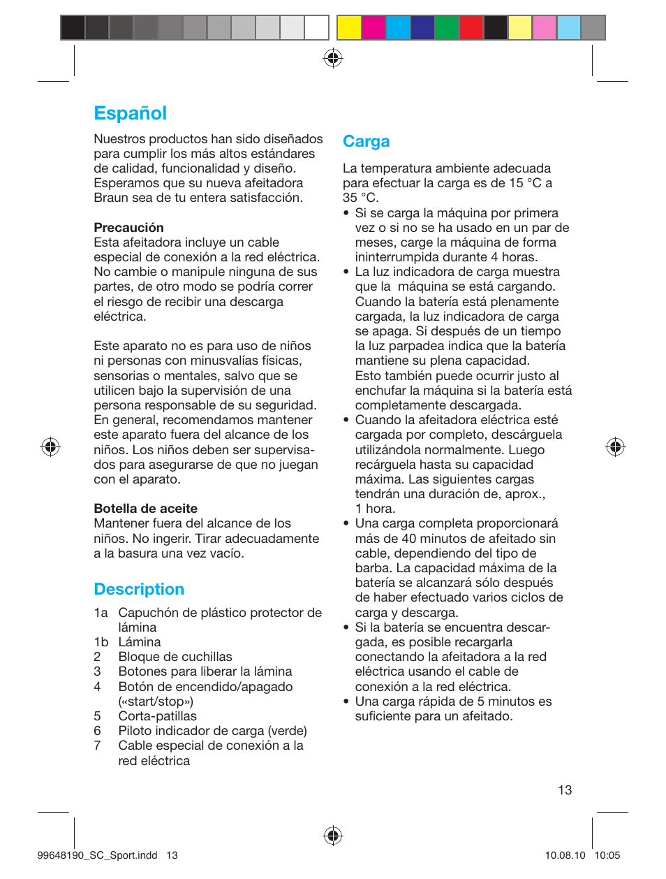 Español, Description, Carga | Braun PRO 4745 SmartControl Sportive User Manual | Page 13 / 21