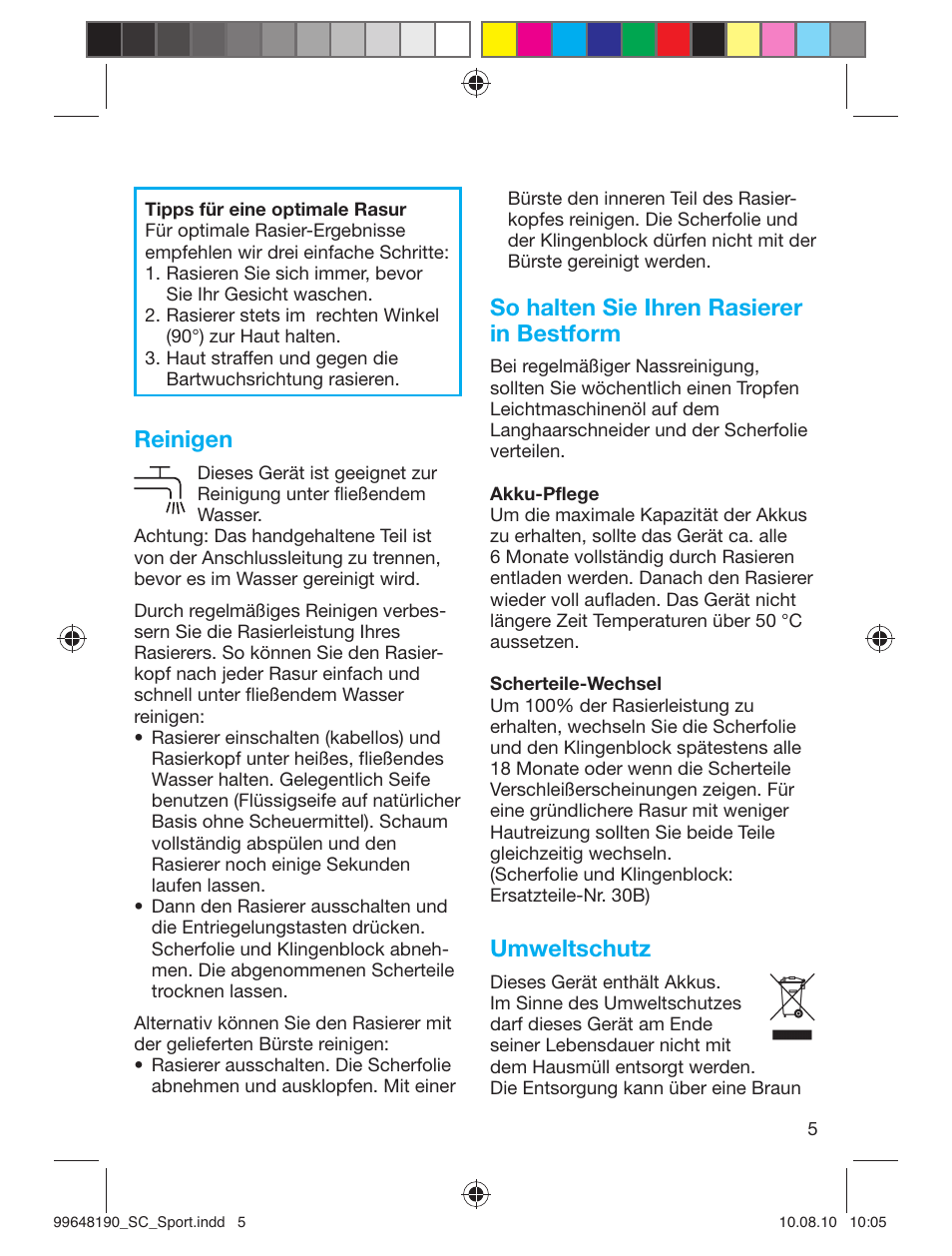 Reinigen, So halten sie ihren rasierer in bestform, Umweltschutz | Braun PRO 4745 SmartControl Sportive User Manual | Page 5 / 21