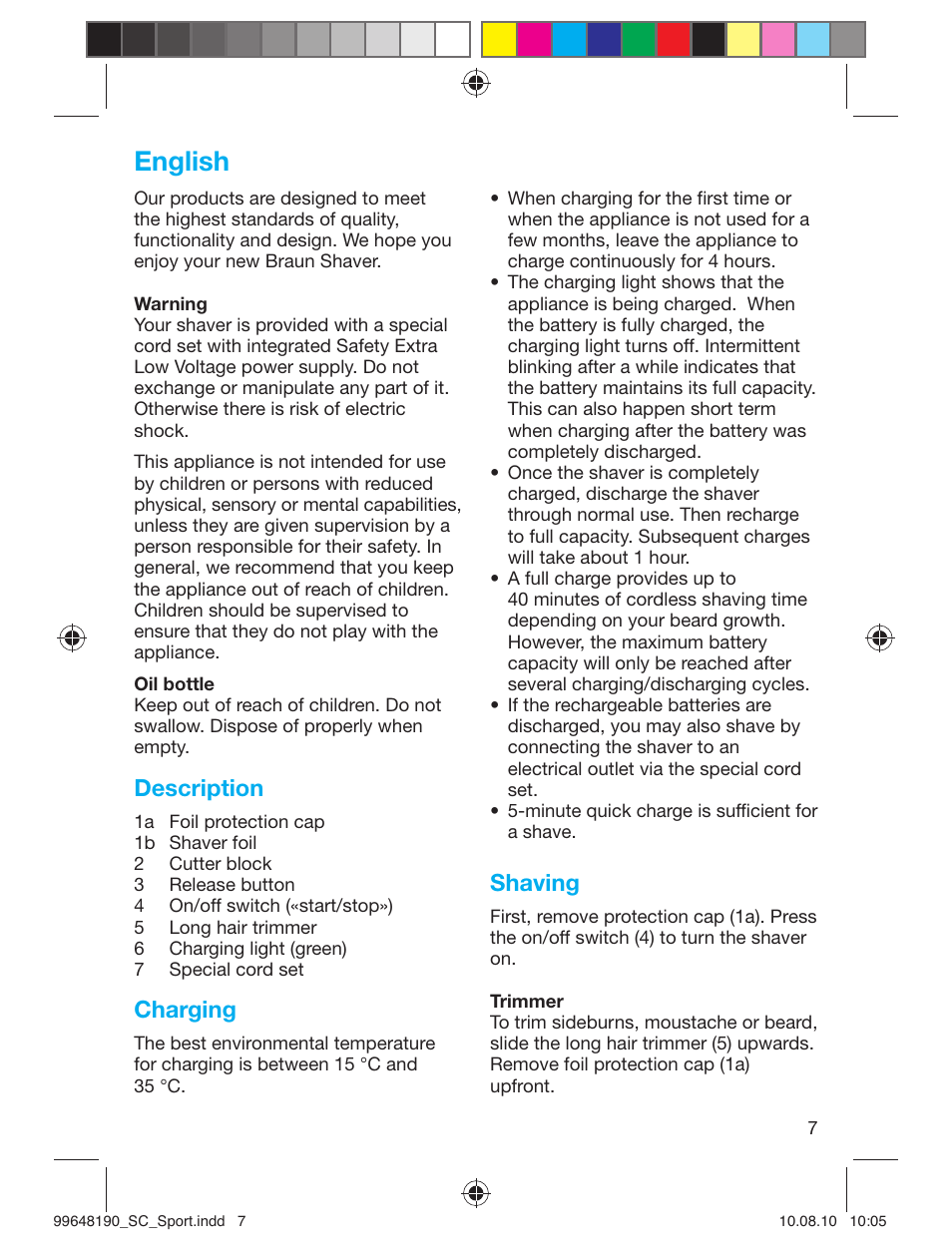 English, Description, Charging | Shaving | Braun PRO 4745 SmartControl Sportive User Manual | Page 7 / 21