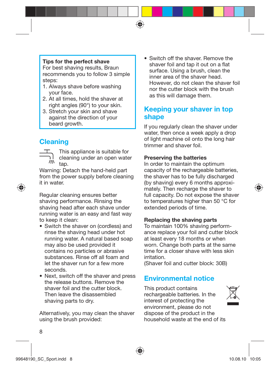 Cleaning, Keeping your shaver in top shape, Environmental notice | Braun PRO 4745 SmartControl Sportive User Manual | Page 8 / 21