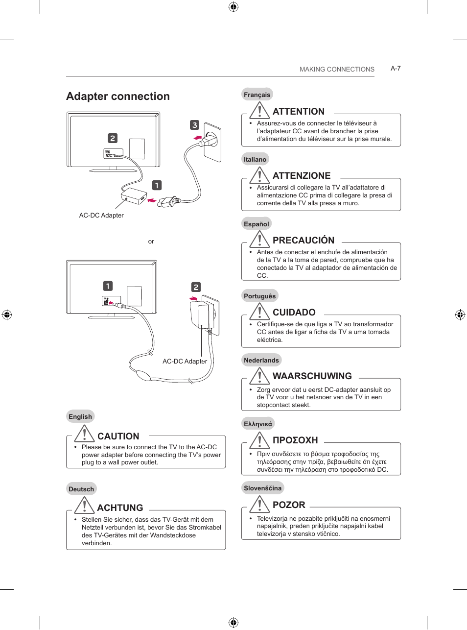 Adapter connection, Caution, Achtung | Attention, Attenzione, Precaución, Cuidado, Waarschuwing, Προσοχh, Pozor | LG 28LB457B User Manual | Page 10 / 231