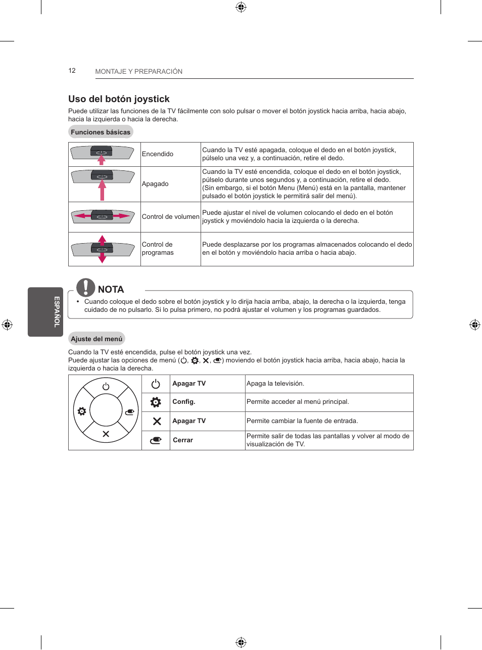 Uso del botón joystick, Nota | LG 28LB457B User Manual | Page 125 / 231