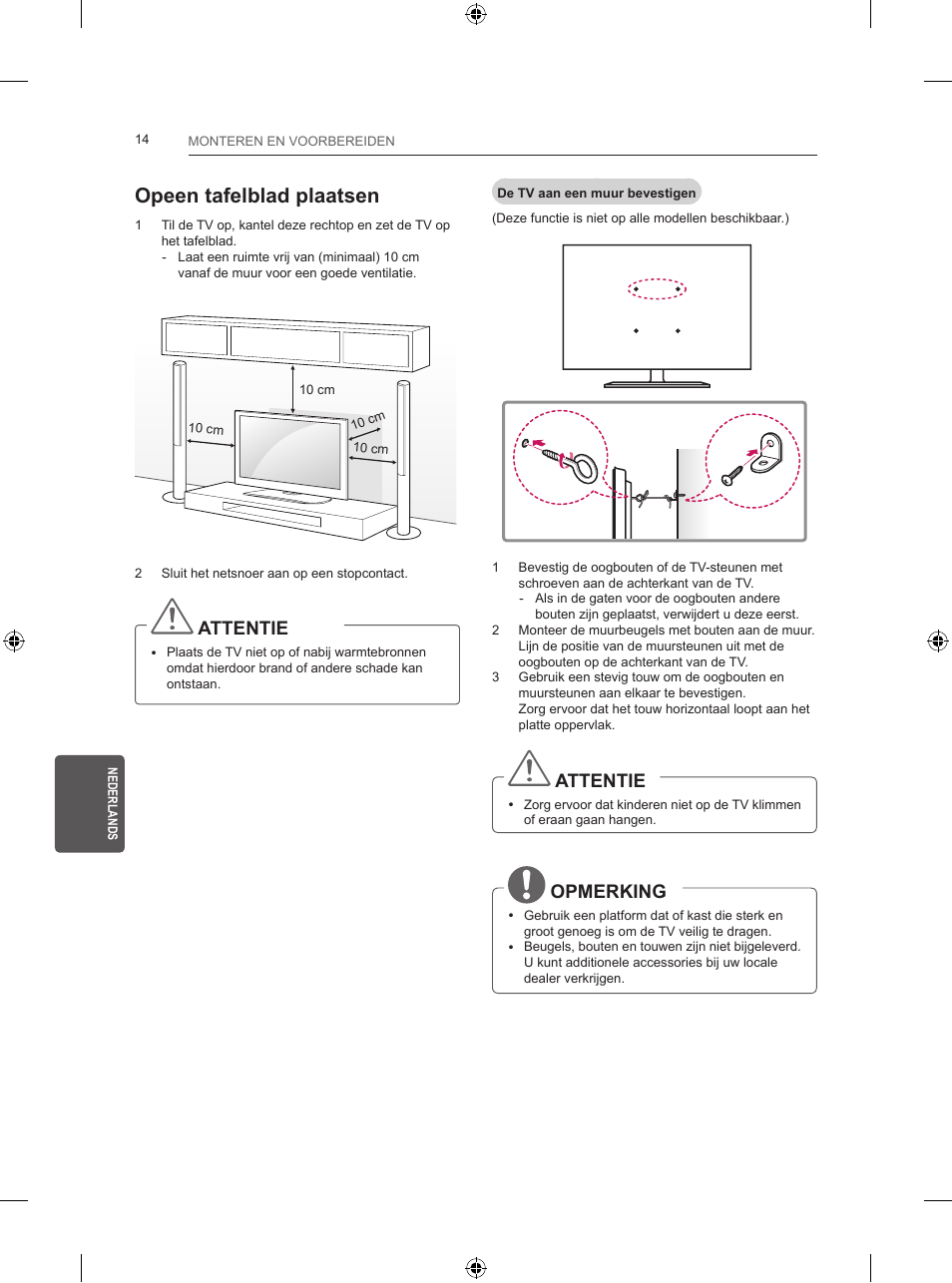 Opeen tafelblad plaatsen, Attentie, Opmerking | LG 28LB457B User Manual | Page 171 / 231