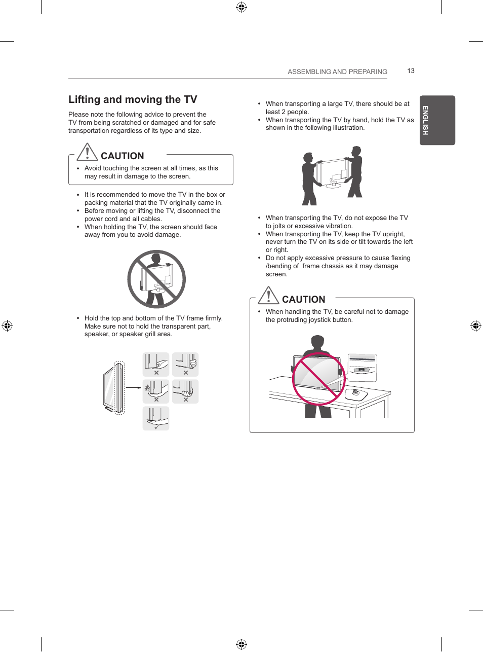 Lifting and moving the tv, Caution | LG 28LB457B User Manual | Page 34 / 231