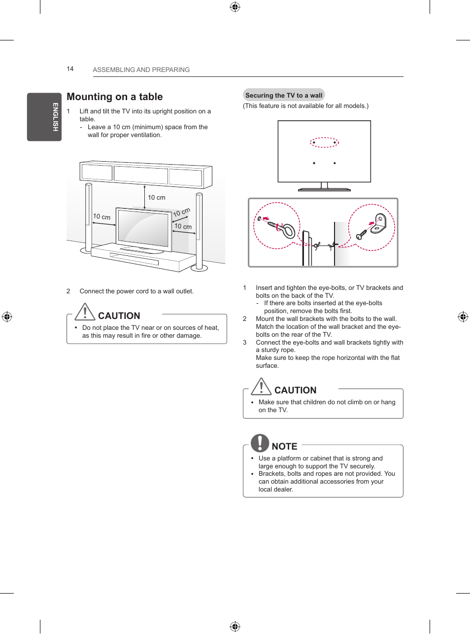 Mounting on a table, Caution | LG 28LB457B User Manual | Page 35 / 231