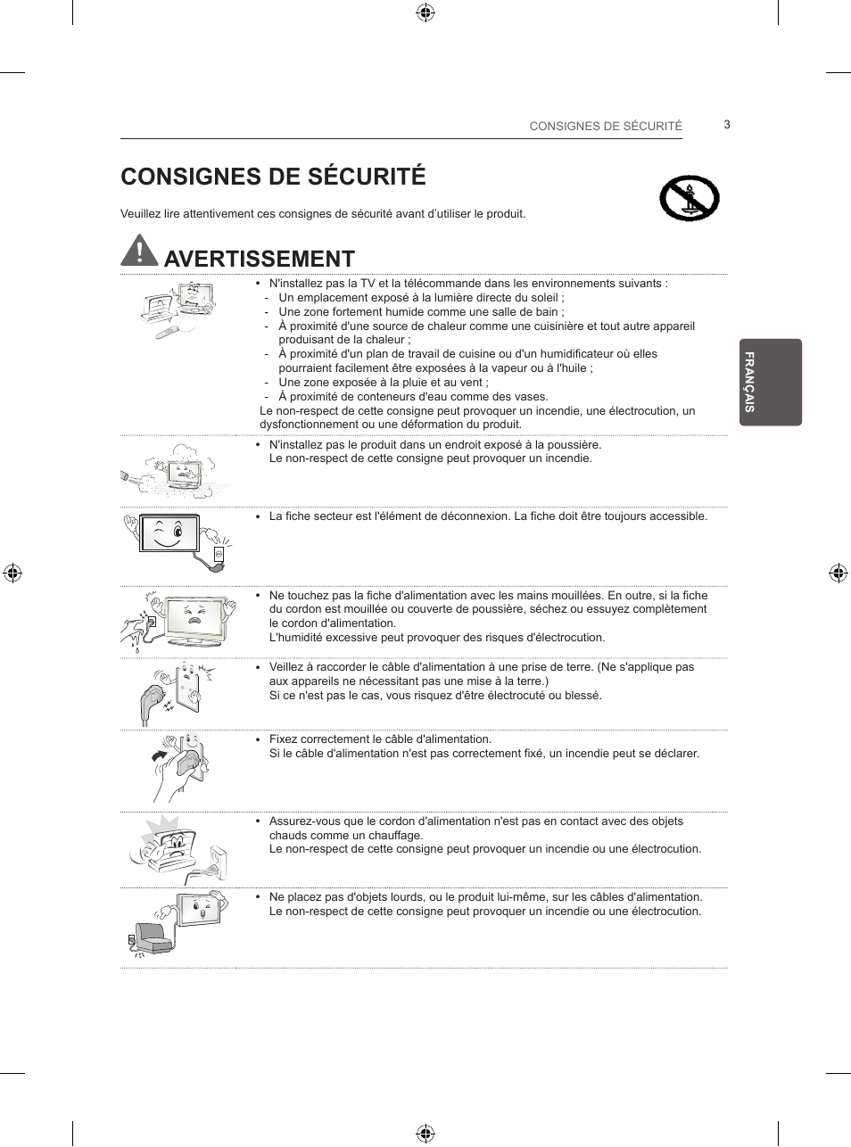 Consignes de sécurité, Avertissement | LG 28LB457B User Manual | Page 68 / 231