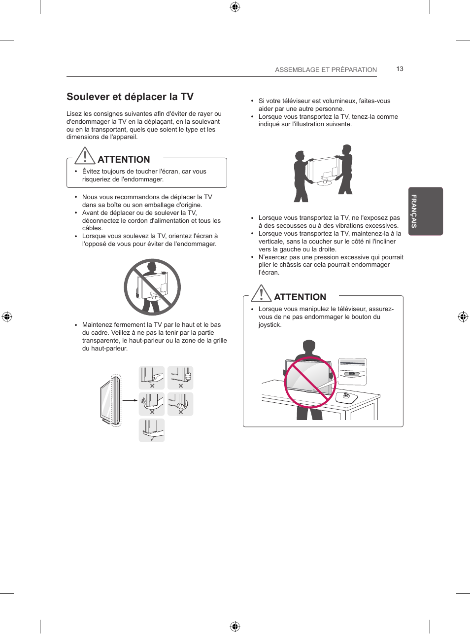 Soulever et déplacer la tv, Attention | LG 28LB457B User Manual | Page 78 / 231